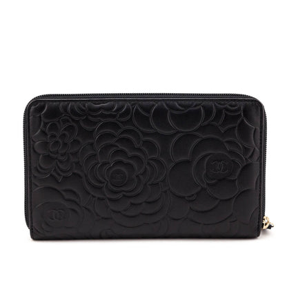 Chanel Black Camellia Embossed Lambskin Long Zip Wallet