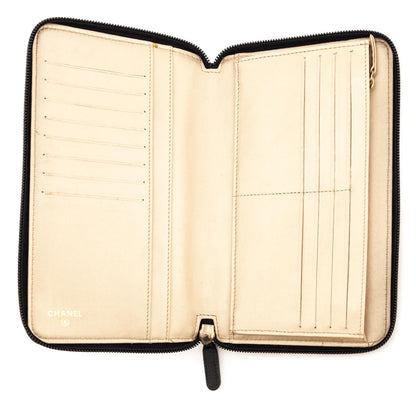 Chanel Black Camellia Embossed Lambskin Long Zip Wallet