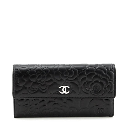 Chanel Black Camellia Embossed Long Flap Wallet