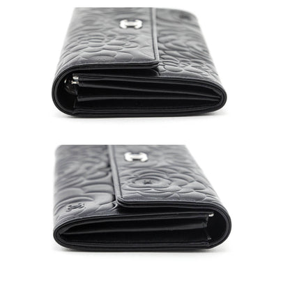 Chanel Black Camellia Embossed Long Flap Wallet