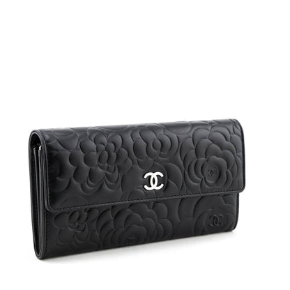Chanel Black Camellia Embossed Long Flap Wallet