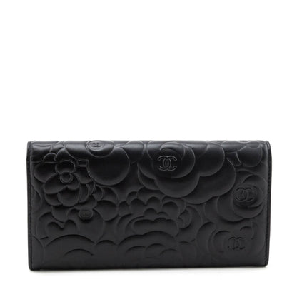 Chanel Black Camellia Embossed Long Flap Wallet