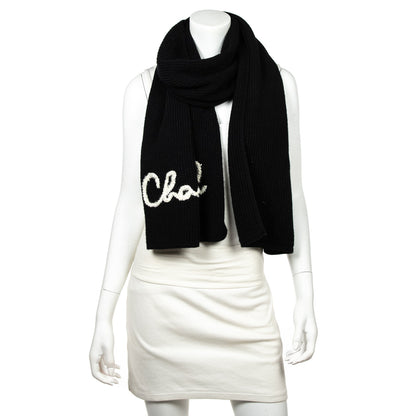 Chanel Black Cashmere Knit Pearl Embellished Logo Scarf