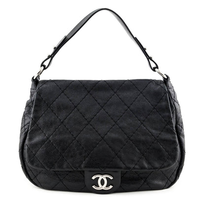 Chanel Black Glazed Calfskin Stitched XL On The Road Flap