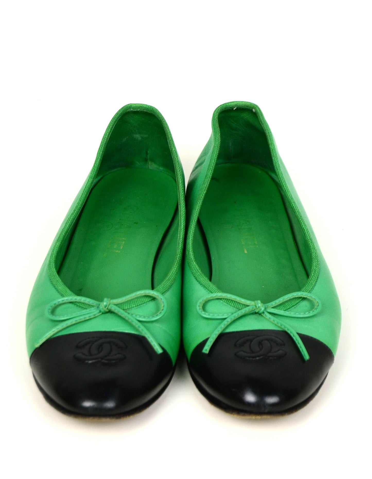 Chanel Green/Black Leather Cap Toe CC Ballet Flats sz 39