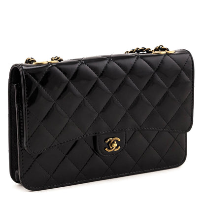 Chanel Black Patent Quilted CC Eyelet Wallet on Chain