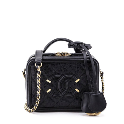 Chanel Black Quilted Caviar Small Filigree CC Vanity Case
