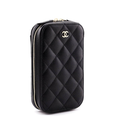 Chanel Black Quilted Caviar Zip Around Chain Phone Case