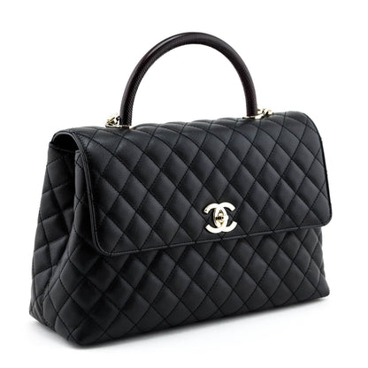 Chanel Black Quilted Caviar & Lizard Medium Coco Handle Flap Bag