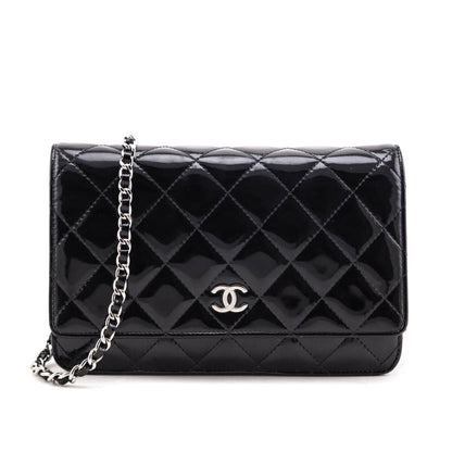 Chanel Black Quilted Patent Wallet On Chain