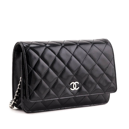 Chanel Black Quilted Patent Wallet On Chain