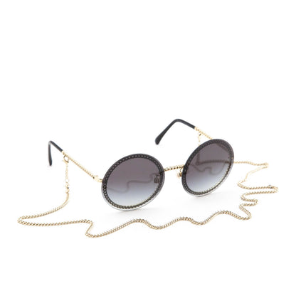 Chanel Black Round Chain-Link Accented Sunglasses with Chain