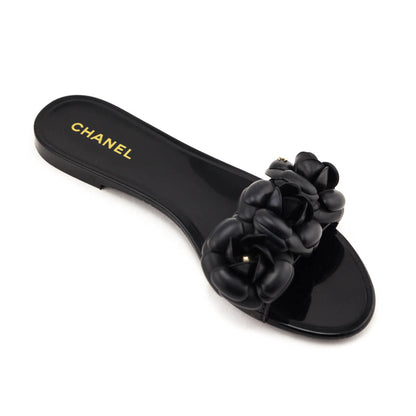 Chanel Black Rubber Camellia Slide Sandals Size US 10 | EU 40