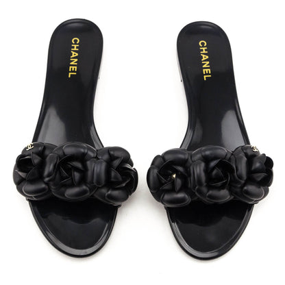 Chanel Black Rubber Camellia Slide Sandals Size US 10 | EU 40