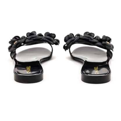 Chanel Black Rubber Camellia Slide Sandals Size US 10 | EU 40