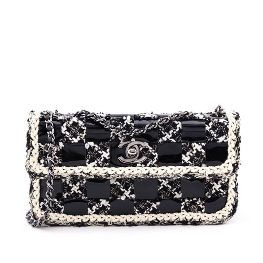 Chanel Black & Cream Tweed & Patent Check Mini Flap Bag