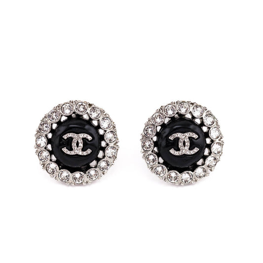 Chanel Black & Crystal CC Stud Earrings