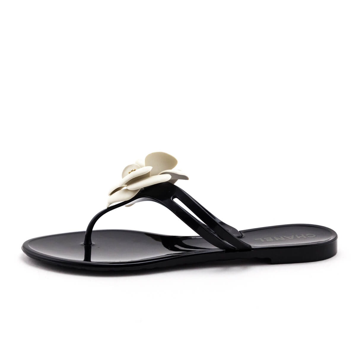 Chanel Black & Ivory Camellia Jelly Sandals Size US 8 | EU 38