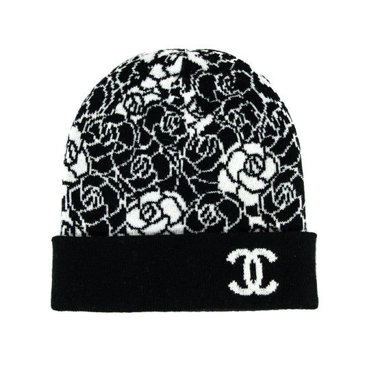 Chanel Black & White Cashmere Camellia Beanie