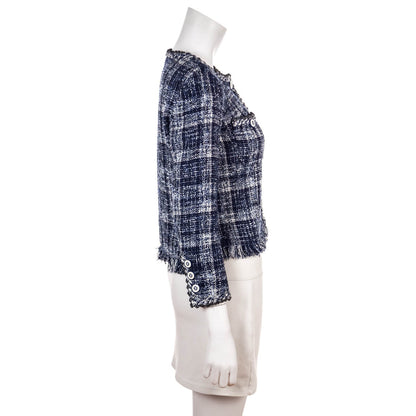 Chanel Blue Tweed Collarless Jacket Size XS | FR 36