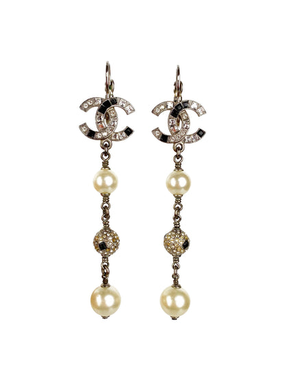 Chanel CC Crystal & Pearl Ball Drop Earrings