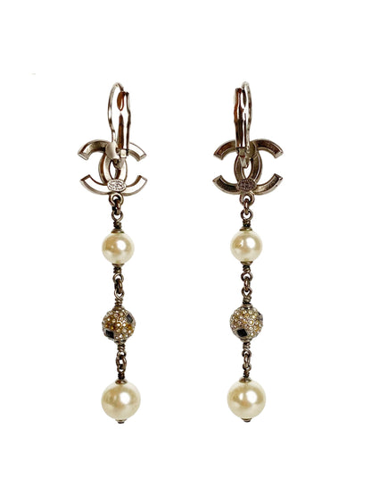 Chanel CC Crystal & Pearl Ball Drop Earrings