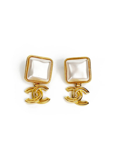 Chanel CC Square Pearl Earrings