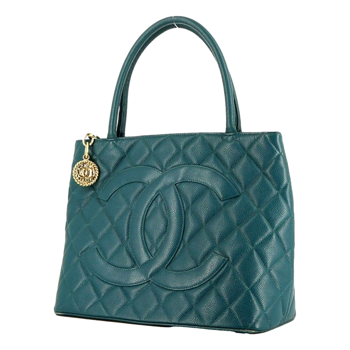 Chanel Caviar Leather CC Medallion Tote Bag Teal Blue