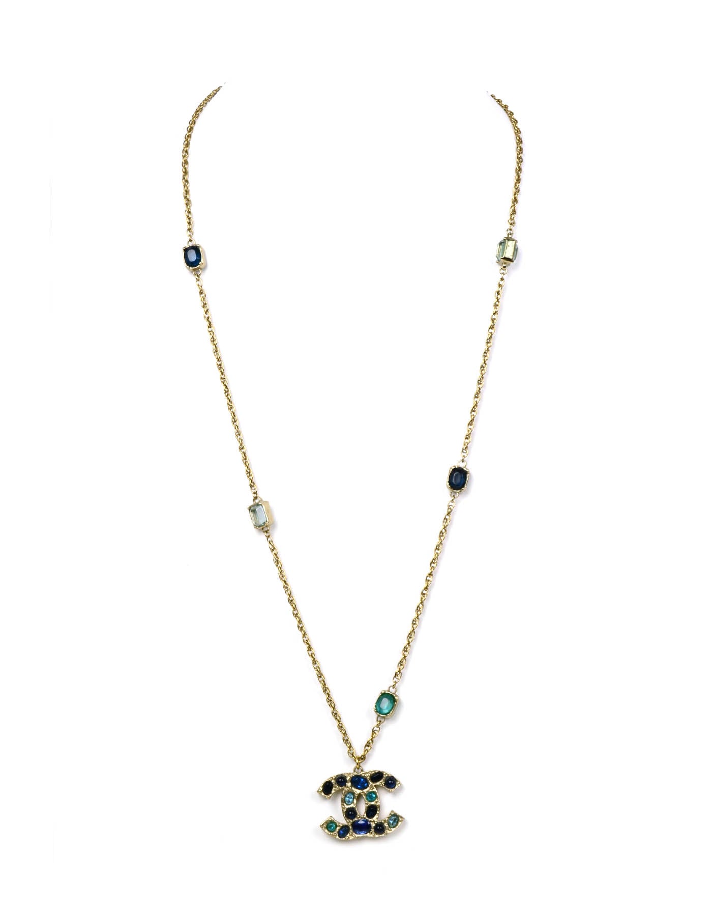 Chanel 31.5" Chain Necklace w/ Blue Stone CC