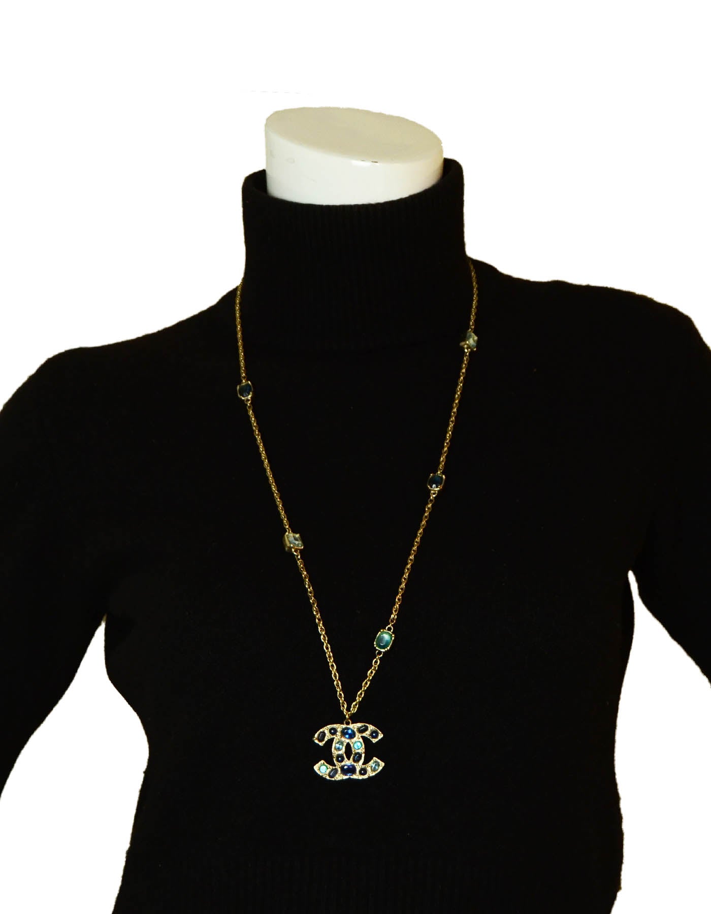 Chanel 31.5" Chain Necklace w/ Blue Stone CC