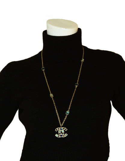 Chanel 31.5" Chain Necklace w/ Blue Stone CC