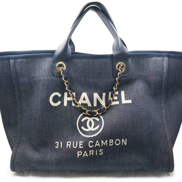Chanel Deauville Fabric Tote Navy Blue Gold