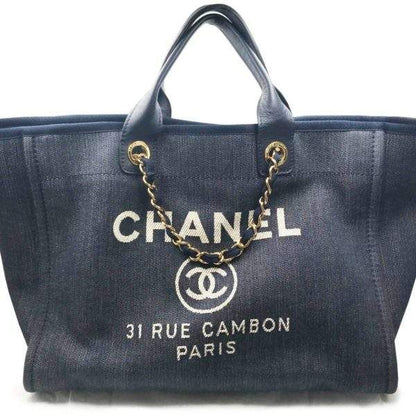 Chanel Deauville Fabric Tote Navy Blue Gold