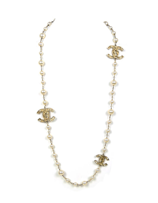 Chanel 40" Faux Pearl Necklace w/ CC Logos