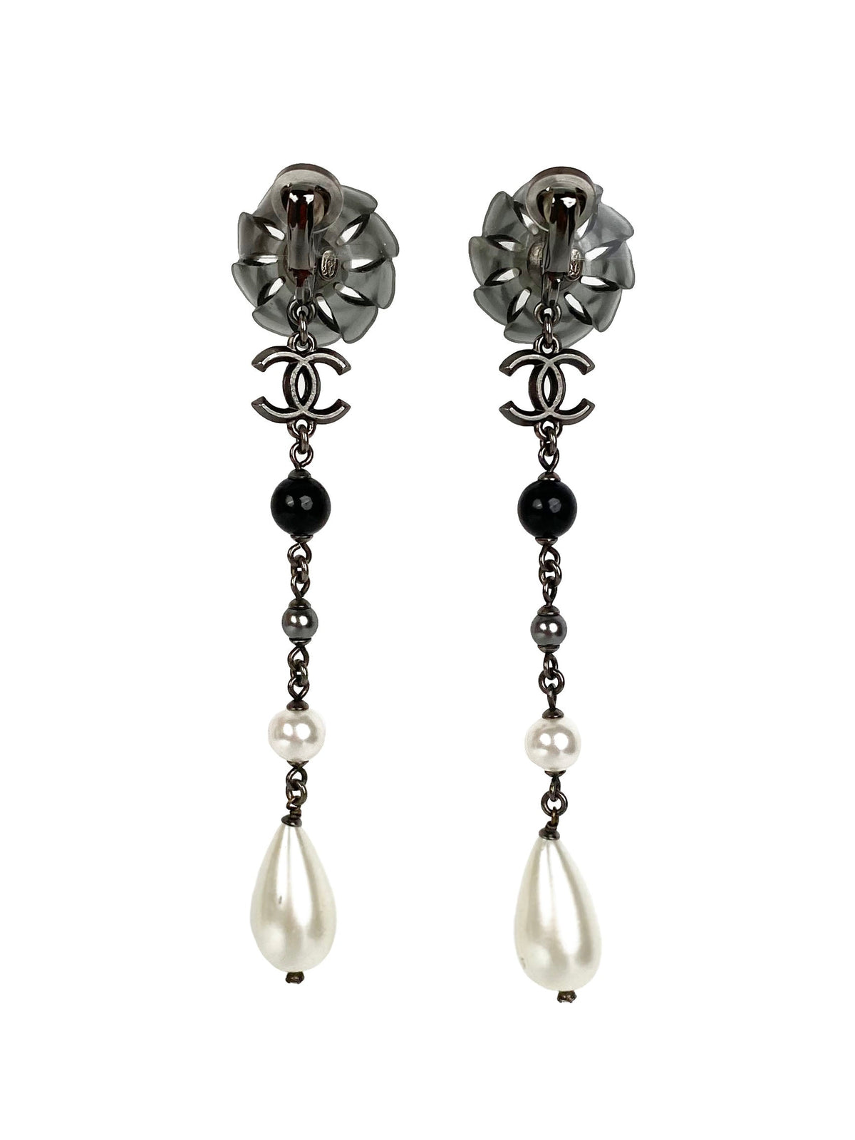 Chanel Flower & Pearl Clip-On Drop Earrings