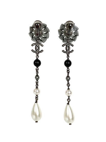 Chanel Flower & Pearl Clip-On Drop Earrings