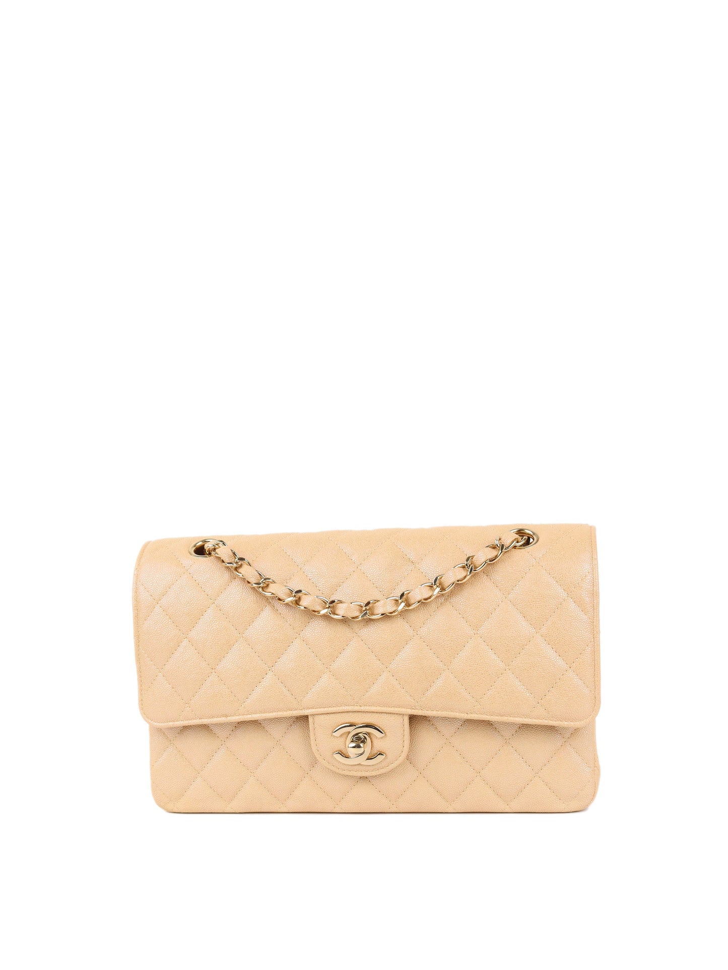 Chanel Iridescent Beige Caviar Medium Double Classic Flap LGHW