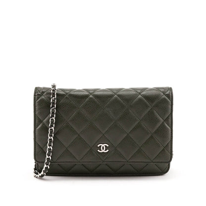 Chanel Khaki Vintage Quilted Caviar Wallet On Chain