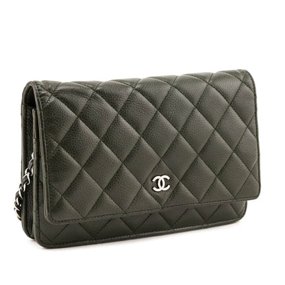 Chanel Khaki Vintage Quilted Caviar Wallet On Chain