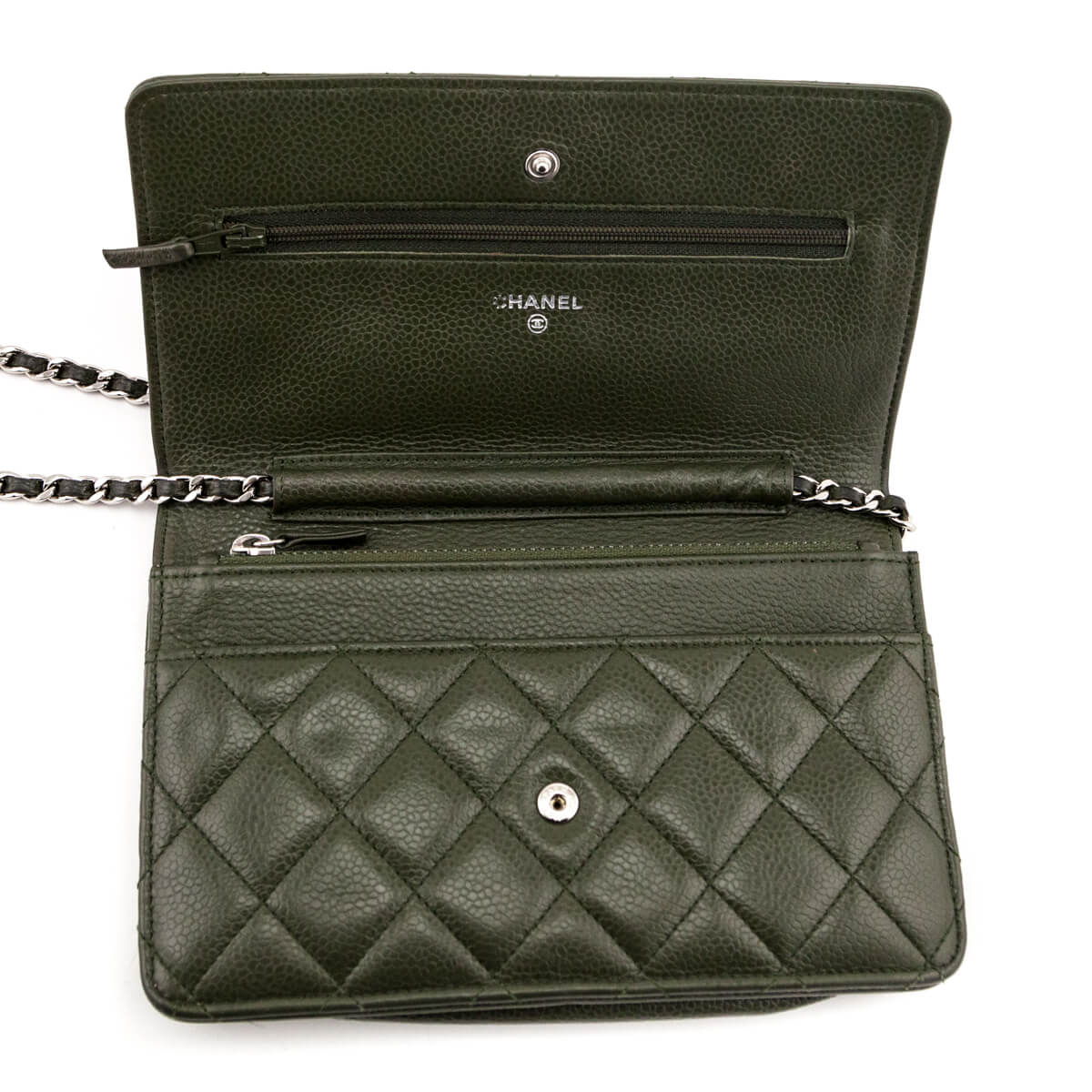 Chanel Khaki Vintage Quilted Caviar Wallet On Chain