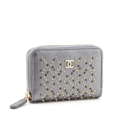 Chanel Metallic Gray Leather Studded Zip Coin Purse Wallet