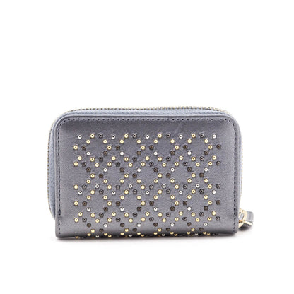 Chanel Metallic Gray Leather Studded Zip Coin Purse Wallet