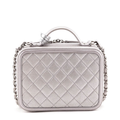 Chanel Metallic Silver Caviar Quilted Medium CC Filigree Vanity Case