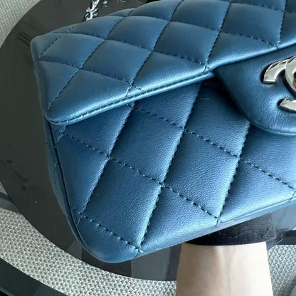 Mini Rectangle Classic Flap 20CM Quilted Lambskin Dark Blue Silver Hardware Series 28