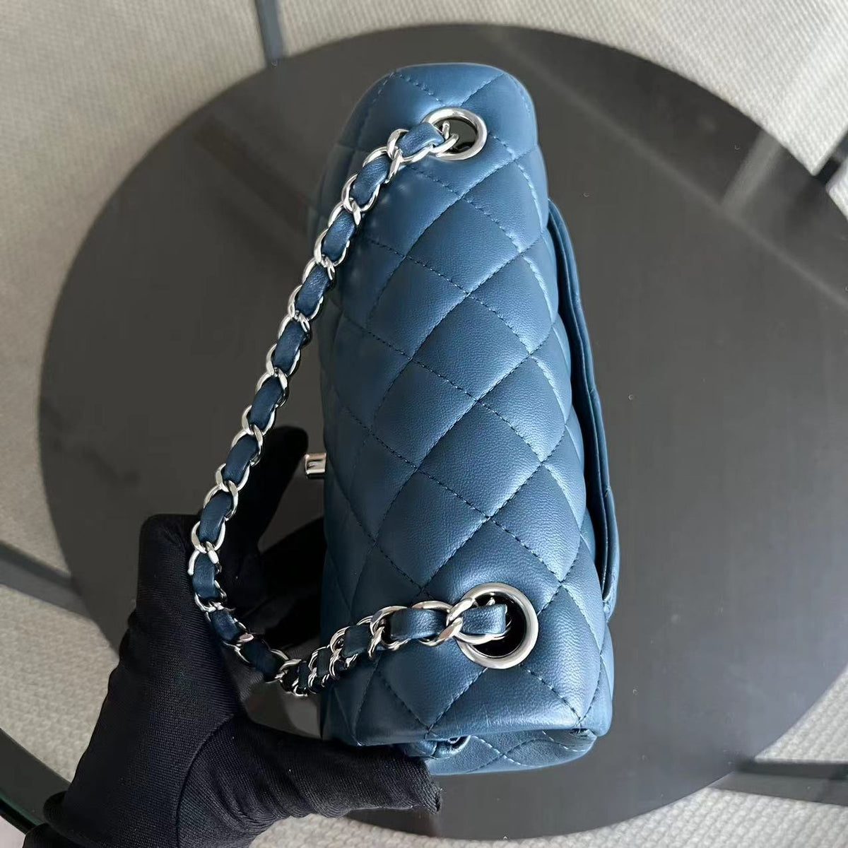Mini Rectangle Classic Flap 20CM Quilted Lambskin Dark Blue Silver Hardware Series 28