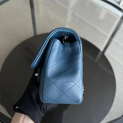 Mini Rectangle Classic Flap 20CM Quilted Lambskin Dark Blue Silver Hardware Series 28