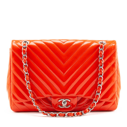 Chanel Orange Quilted Chevron Patent Maxi Classic Single Flap Shoulder Bag