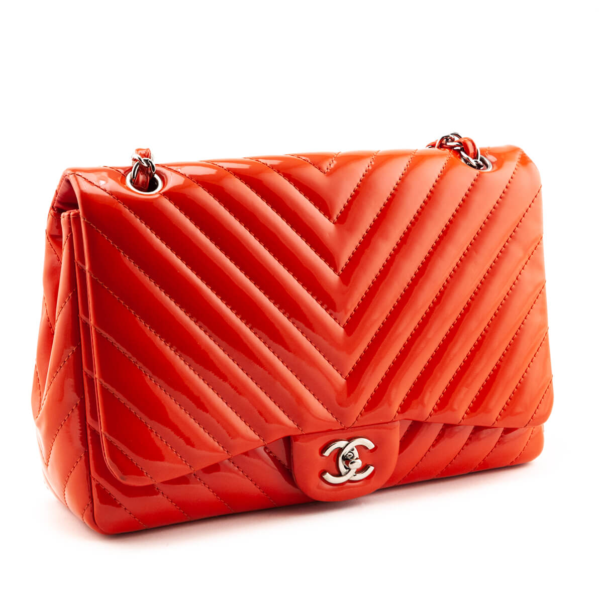 Chanel Orange Quilted Chevron Patent Maxi Classic Single Flap Shoulder Bag