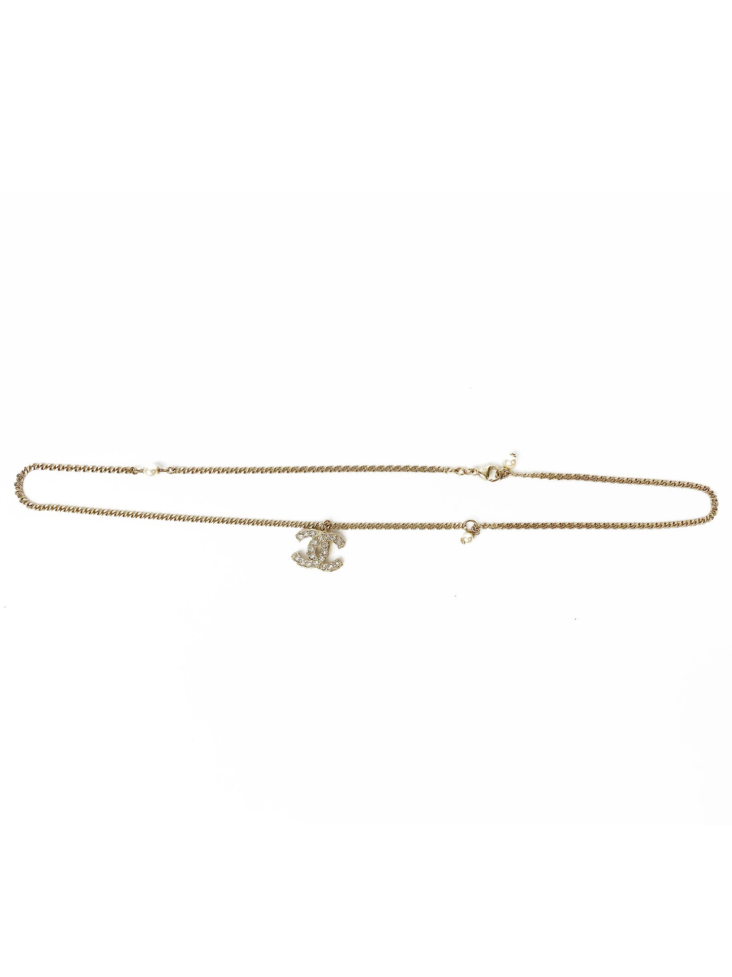 Chanel Brass Gold Logo Necklace with Dangling Pearls