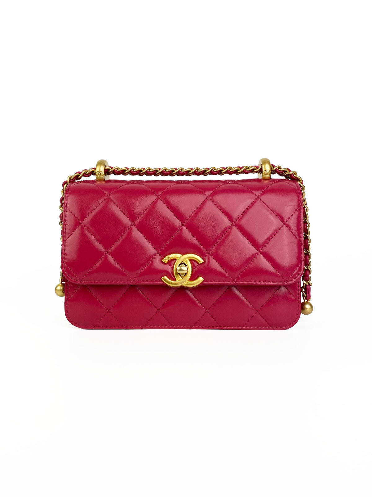 Chanel Mini Deep Pink Flap Bag with Gold Balls